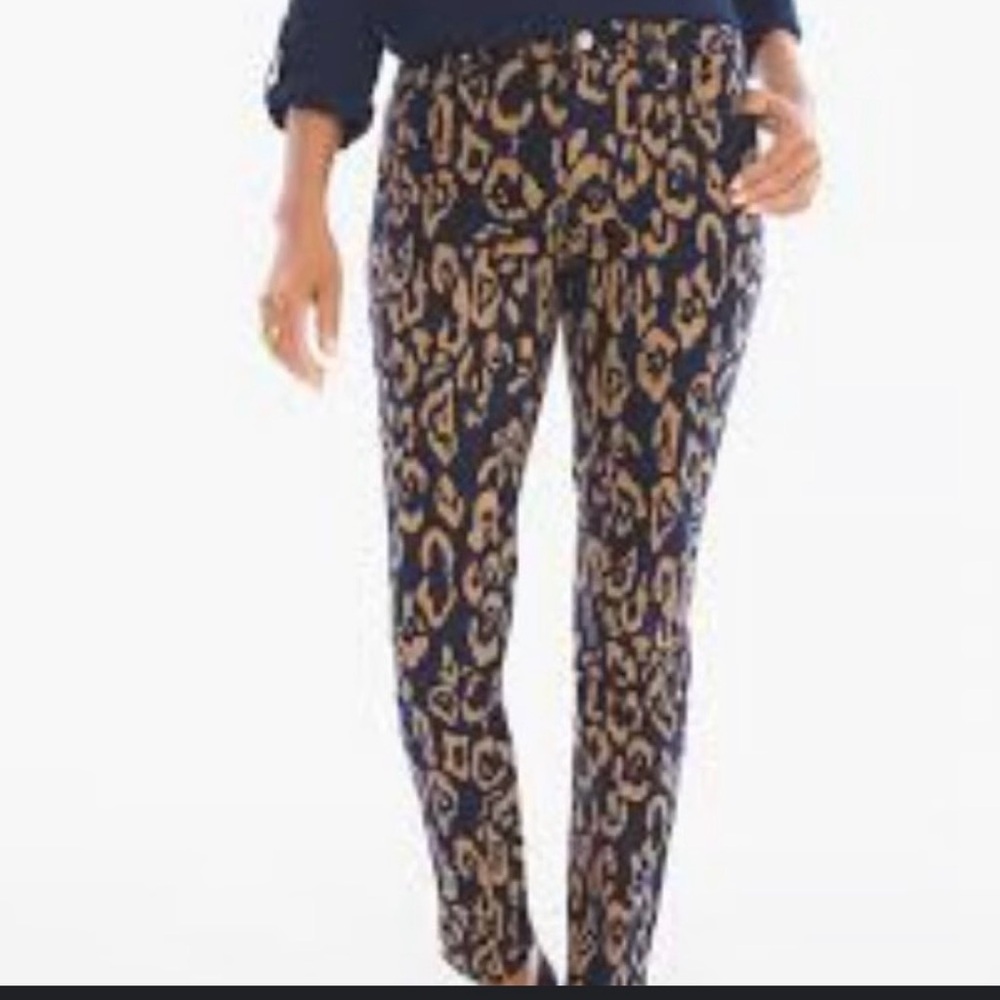Chico’s So Slimming Girlfriend Ankle Animal Print Leopard Pants Blue Gold 12P😍